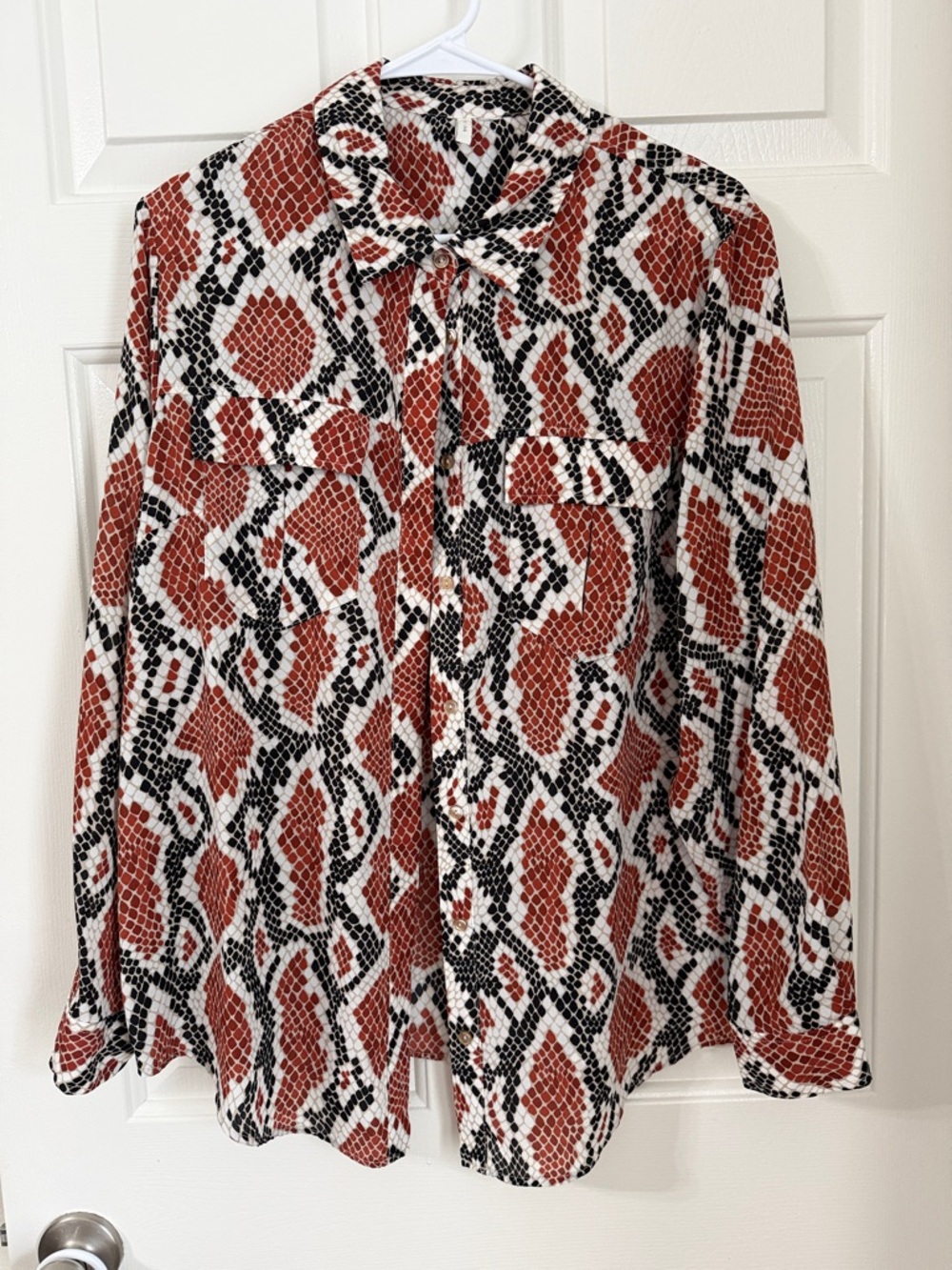 Cato's Burnt Orange and Black Snake Skin Long Sleeve Button Up Womens Blouse